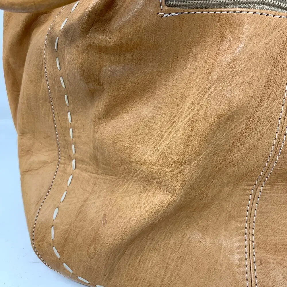Elegantria Leather Tote Bag Tan Whipstitch Details